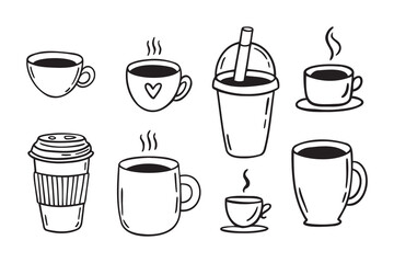Coffee cups doodle set. coffee cup hand drawn line signs. Outline coffee cups