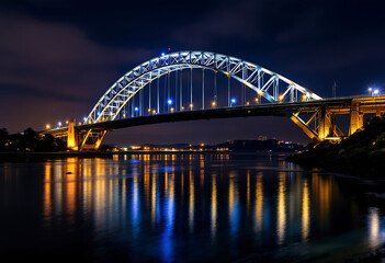 Fototapeta premium A large illuminated bridge arching over a body of water at night, with the bridge's reflection visible in the calm waters below