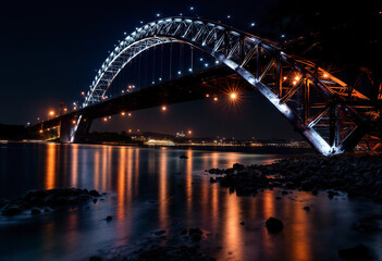 Obraz premium A large illuminated bridge arching over a body of water at night, with the bridge's reflection visible in the calm waters below