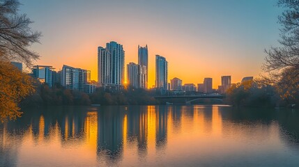 Obraz premium A city skyline bathed in golden light during the golden hour symbolizing hope and new opportunities
