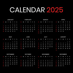 calendar for 2025 black background 