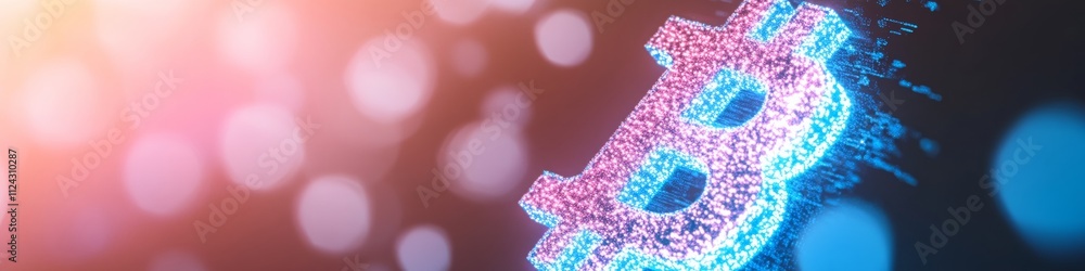 Poster Neon Bitcoin Symbol with Bokeh Lights on Dark Background