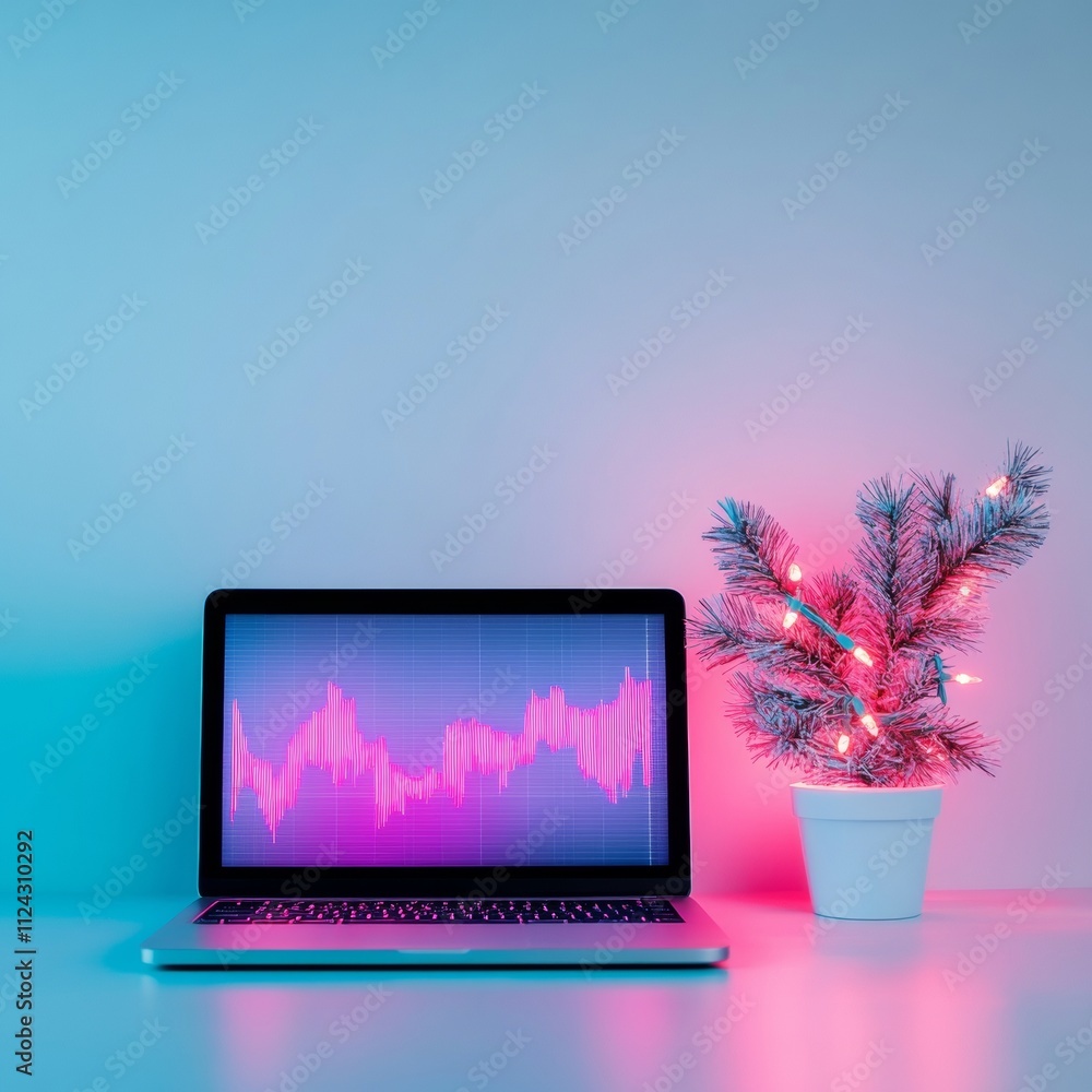 Poster modern minimalist workspace with neon glow and cryptocurrency market display