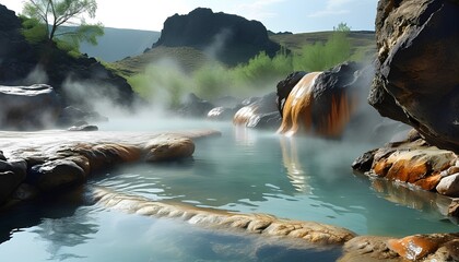 Relaxing hot springs escapea tranquil retreat in nature's oasis serene landscape with misty waters and colorful rocks peaceful viewpoint wellness concept