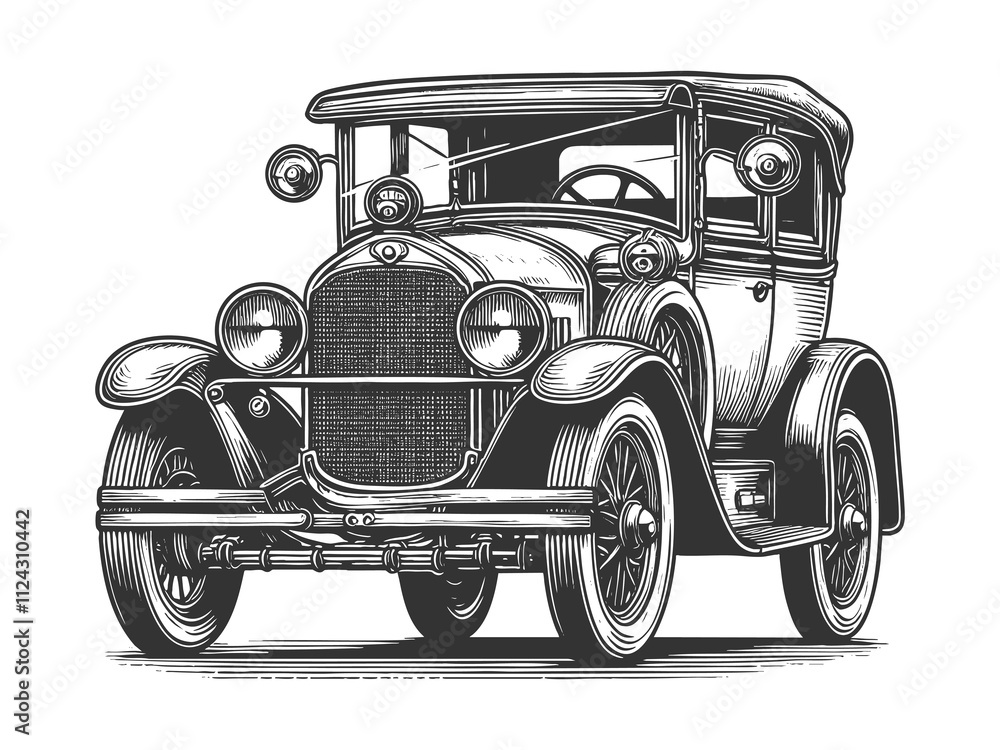 Poster classic vintage convertible car with an open-top design, showcasing intricate and nostalgic features
