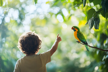 child points at colorful bird in lush green environment, filled with wonder