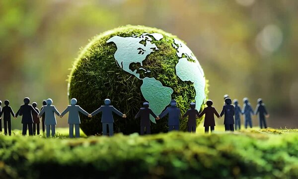 Mossy globe with people holding hands, symbolizing global unity and environmental protection.
