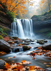 A scenic waterfall cascading over rocky cliffs, surrounded by lush greenery and fallen autumn leaves in the foreground