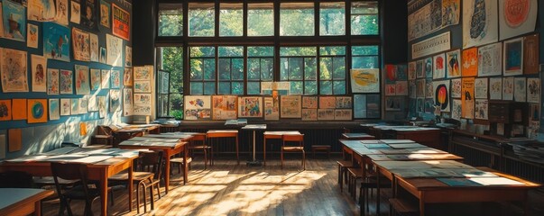 A classroom filled with educational posters, covering different subjects