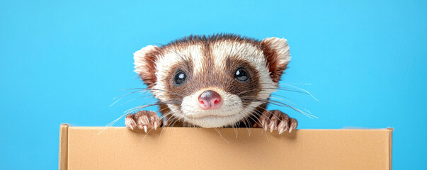 playful ferret peeking out of box against blue background