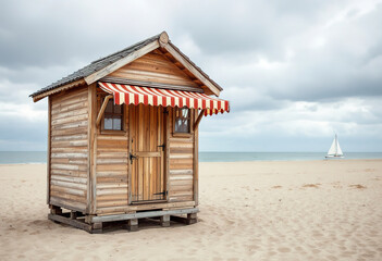 Fototapeta premium A wooden beach hut with a striped awning on a sandy beach, with a cloudy sky and a sailboat in the distance