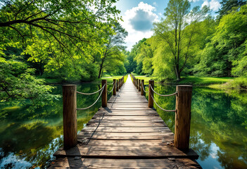 Fototapeta premium A wooden bridge crossing over a calm lake surrounded by trees and greenery