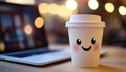 Happy Coffee Cup Beside a Laptop in a Cozy Cafe Setting