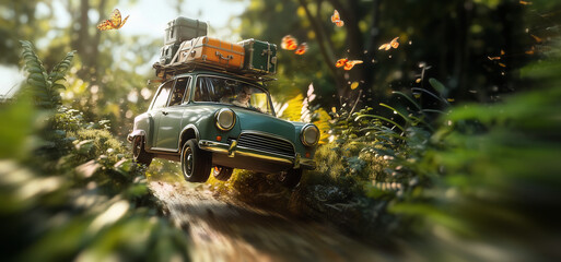 A vintage car racing against time with urgency, determination, and the chaos of travel. Ideal for road trips, vacations, holidays, tourism and adventure!