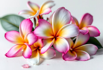 Naklejka premium Colorful plumeria or frangipani flowers, with pink, yellow, and white petals against a white background