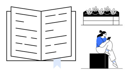 Woman reading a book while sitting on a block next to a large open book and window with potted plants. Ideal for education, relaxation, learning, studying, minimalism, personal growth