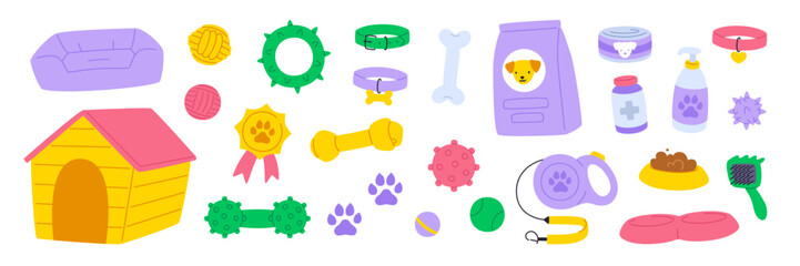 Dogs grooming supplies set. Flat vector dogs accessories collection. Cartoon pet goods bundle.