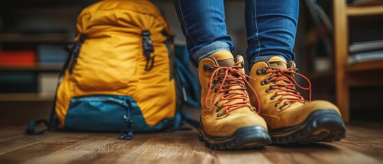 Sturdy boots and a colorful backpack stand ready, indicating preparation for a rucking adventure in an organized indoor space, showcasing outdoor gear essentials