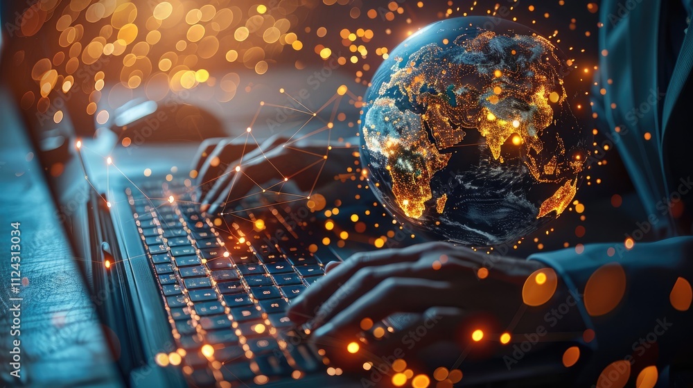 Aufkleber Businessman use computer with global network connection big data analytics and business intelligence concept globe with point and line concept of global business e commerce digital link tech.