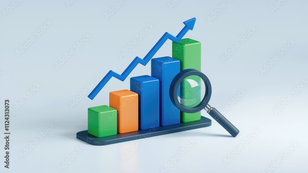 Leinwandbilder An upward trending bar graph is being analyzed with a magnifying glass, symbolizing growth and data analysis.