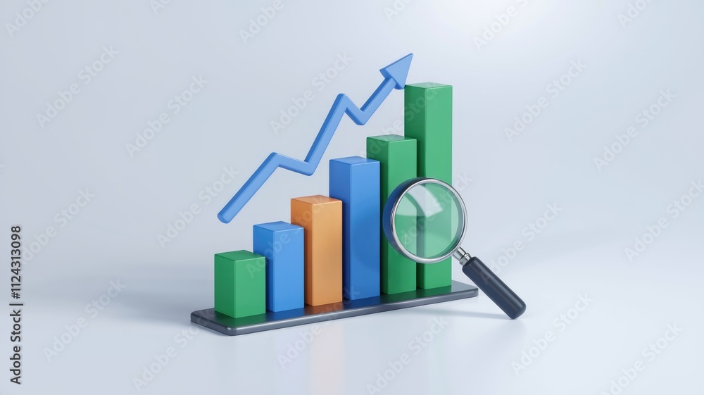 Poster an upward trending bar graph is being examined with a magnifying glass, symbolizing growth analysis.
