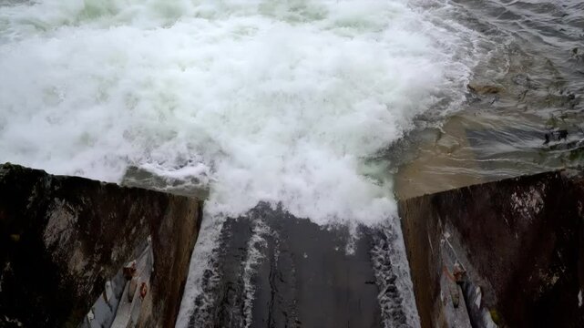 Water Flowing Out of Flood Gate Close-Up, Powerful Stream in Motion