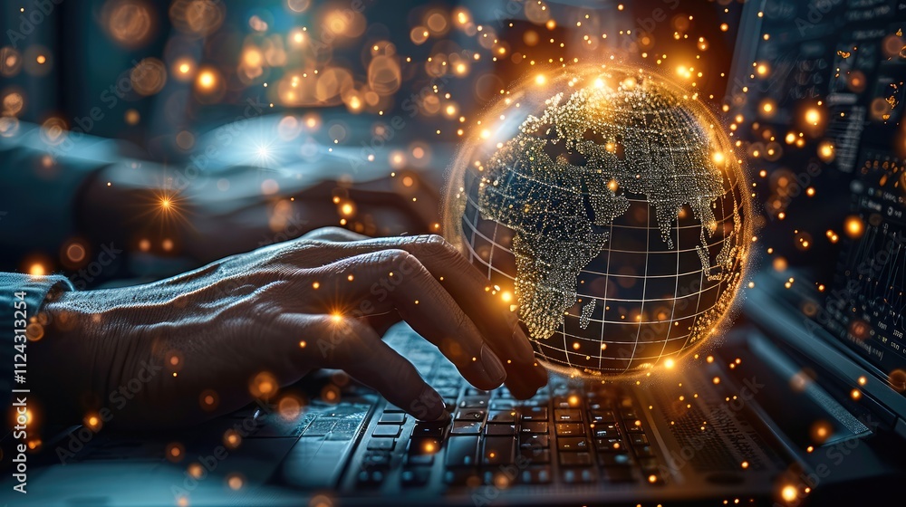 Poster Businessman use computer with global network connection big data analytics and business intelligence concept globe with point and line concept of global business e commerce digital link tech.