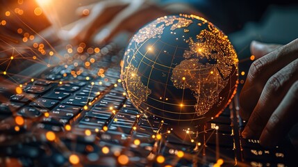 Businessman use computer with global network connection big data analytics and business intelligence concept globe with point and line concept of global business e commerce digital link tech.