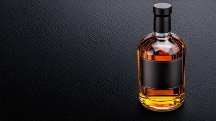 Whiskey Bottle on Slate: A classic whiskey bottle with a black label rests on a dark slate background, creating a sophisticated and minimalist aesthetic.  The amber liquid glistens invitingly.