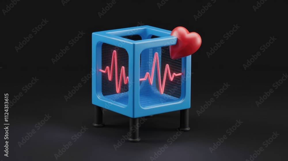 Poster a blue cube displays a heartbeat graph and a red heart, symbolizing health and love.