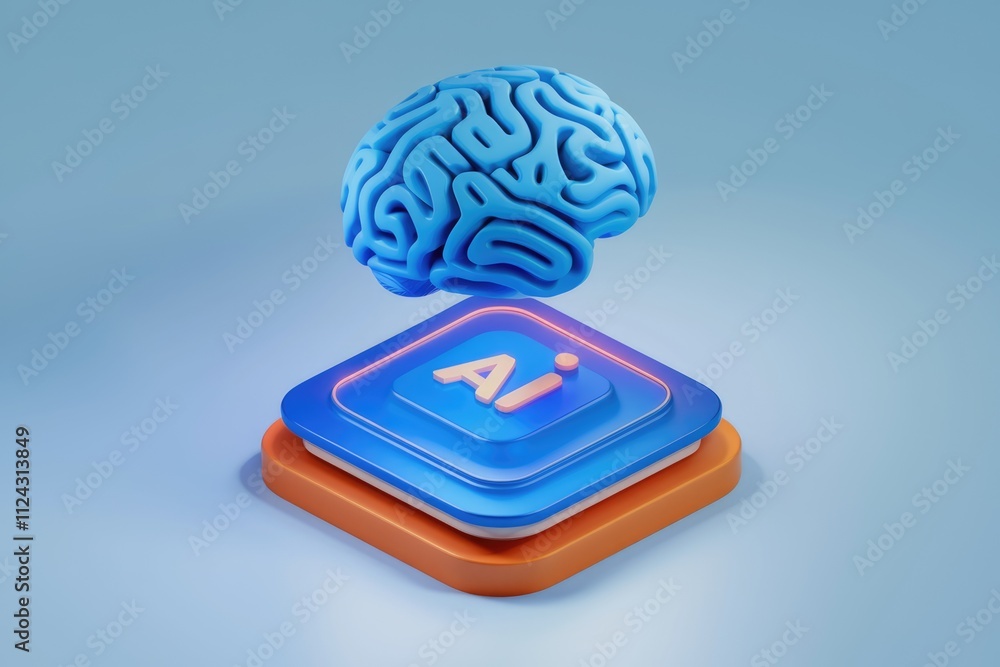 Poster 3D rendering of a blue brain hovering above an AI button, symbolizing artificial intelligence and neural networks.