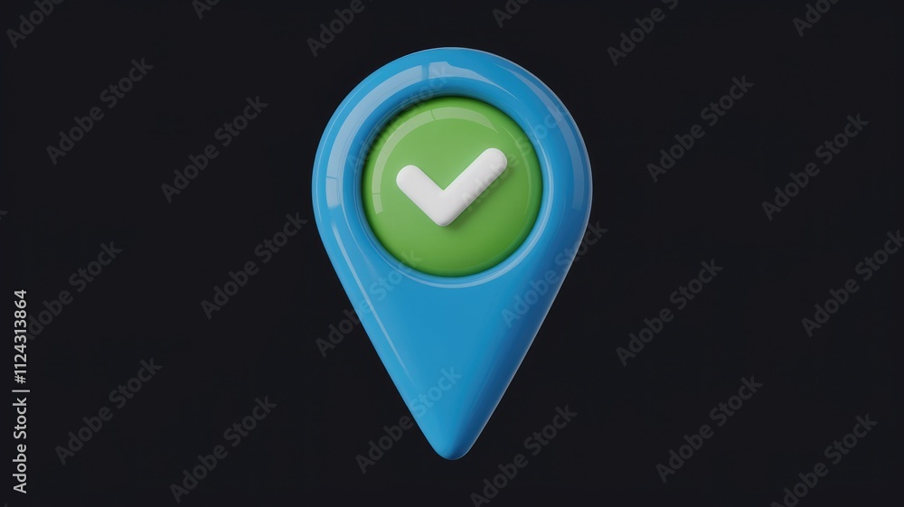 Poster a 3d rendered blue location pin with a green checkmark, signifying successful location confirmation.