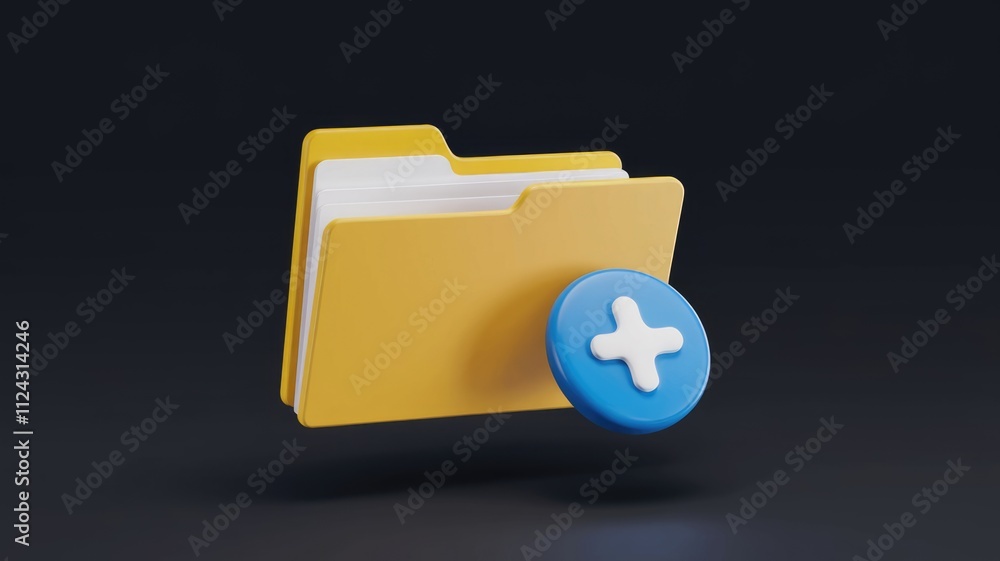 Poster 3D render of a yellow folder icon with a blue plus sign, symbolizing adding a new file or folder.