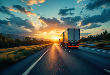 Truck heading down a highway at sunset