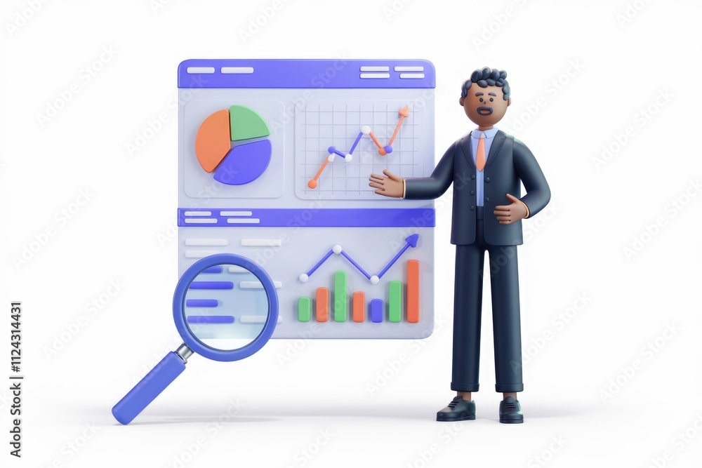 Fototapete A 3D cartoon businessman presents a dashboard showing various charts and graphs, highlighting data analysis and business growth.