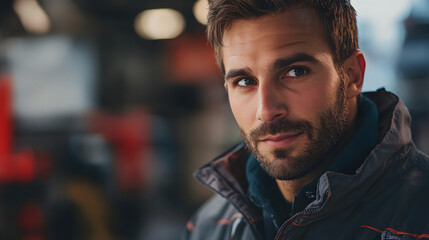 Close-up portrait of a confident male mechanic in a workshop setting, wearing a work jacket, with a focused and professional expression.