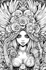 A woman with a crown of roses and a skull on her head. She is holding a sword