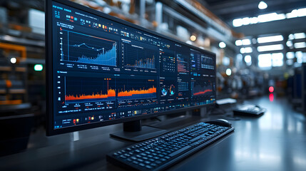 Naklejka premium Wide monitor displays with real-time data analytics and performance charts in a modern industrial control room, highlighting precision and technological advancements.