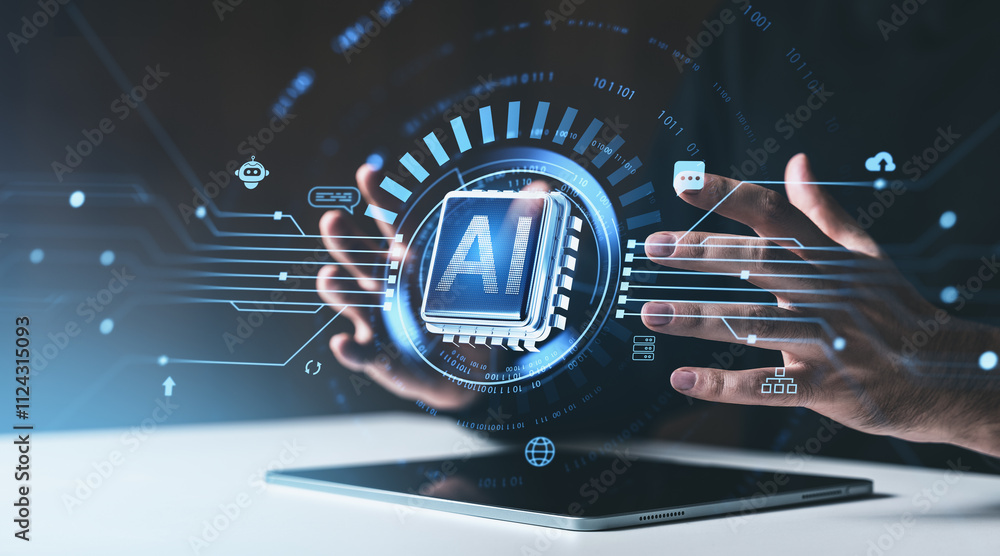 Poster hands interacting with ai holographic display above a tablet on a futuristic digital interface backg