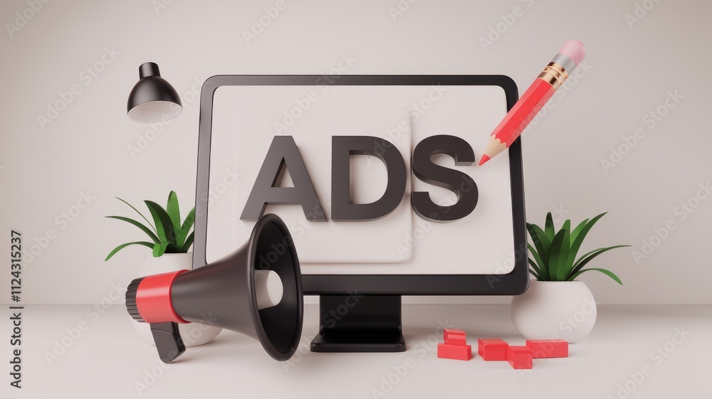 Poster 3D illustration of Ads displayed on a computer screen with a megaphone and pencil.