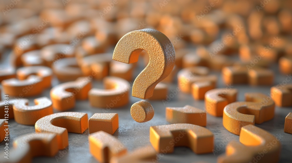 Aufkleber amid a myriad of golden question marks, a single large one stands out, symbolizing inquiry and creat