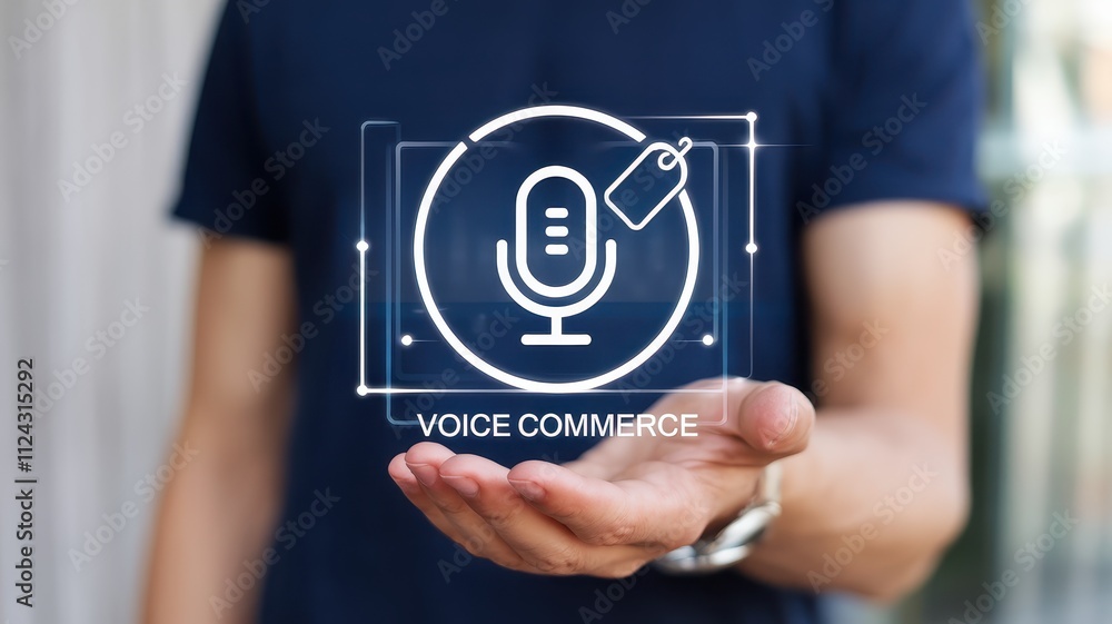 Poster voice commerce technology concept with microphone and digital interface on modern display