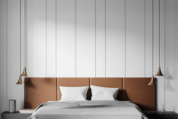 Modern bedroom interior with brown upholstered headboard, white pillows, and hanging pendant lights in a minimalist design. 3D Rendering