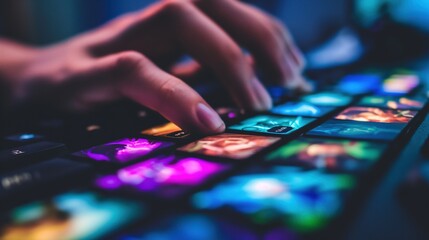 Close-up of a hand selecting a character on a vibrant video game character selection screen. Game interface, character selection, user interaction, digital entertainment, virtual design