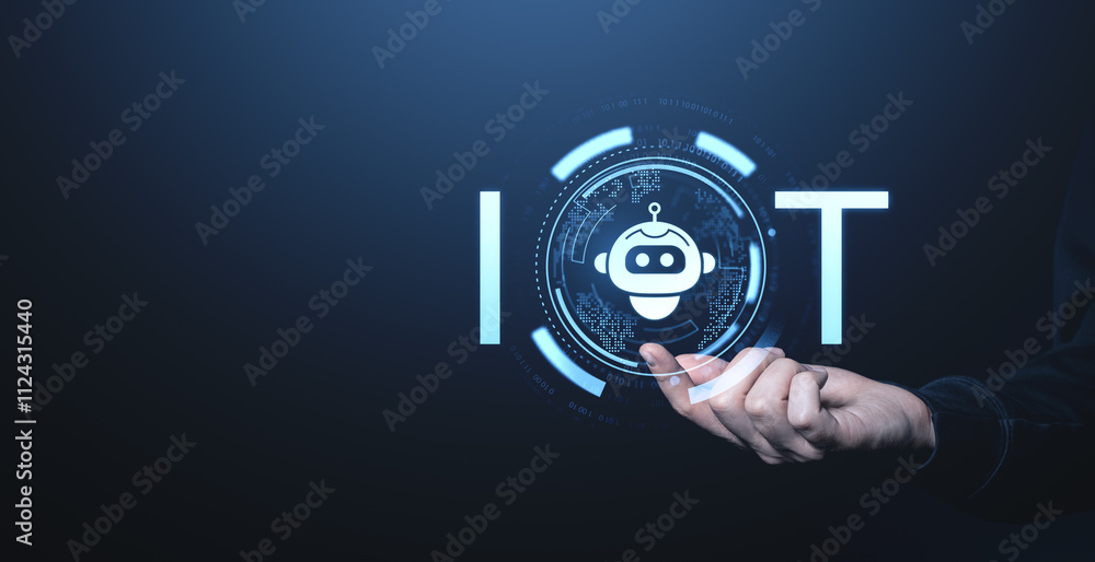 Poster iot concept with holographic robot icon and futuristic interface on dark background.