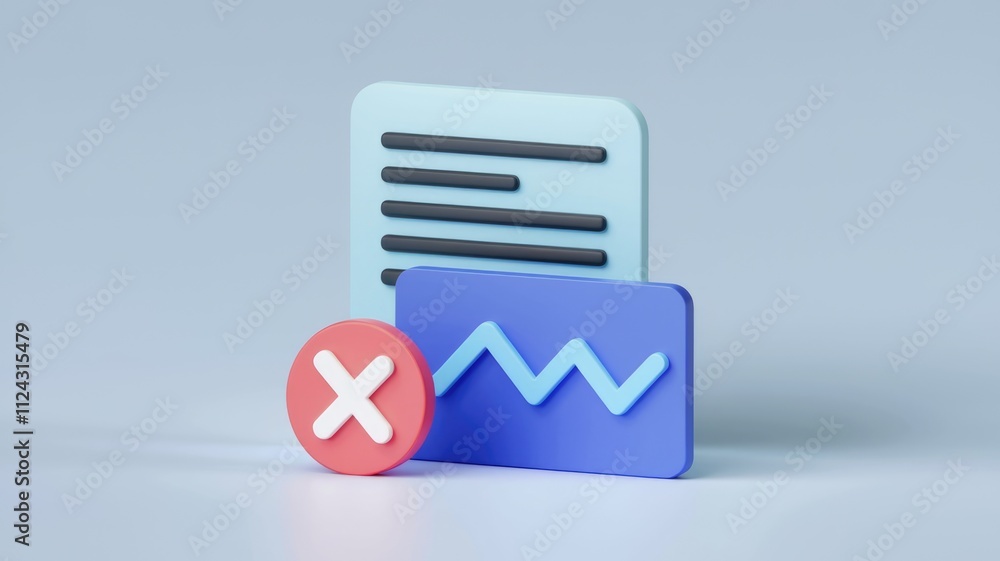 Aufkleber 3D illustration of document rejection, showing a cross mark next to a document and a zig-zag graph indicating inconsistency or error.