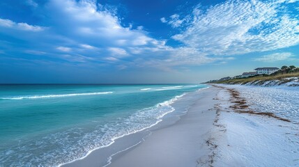 Serene Coastal Landscape with Soft Waves and Cloudy Sky Over Tranquil Beach Surrounded by Natural Beauty and Inviting Soft White Sand