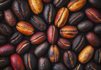 Colorful Assorted Coffee Beans - A Close-Up View of Various Coffee Varieties Showcasing Different Shades and Textures Ideal for Coffee Lovers and Enthusiasts
