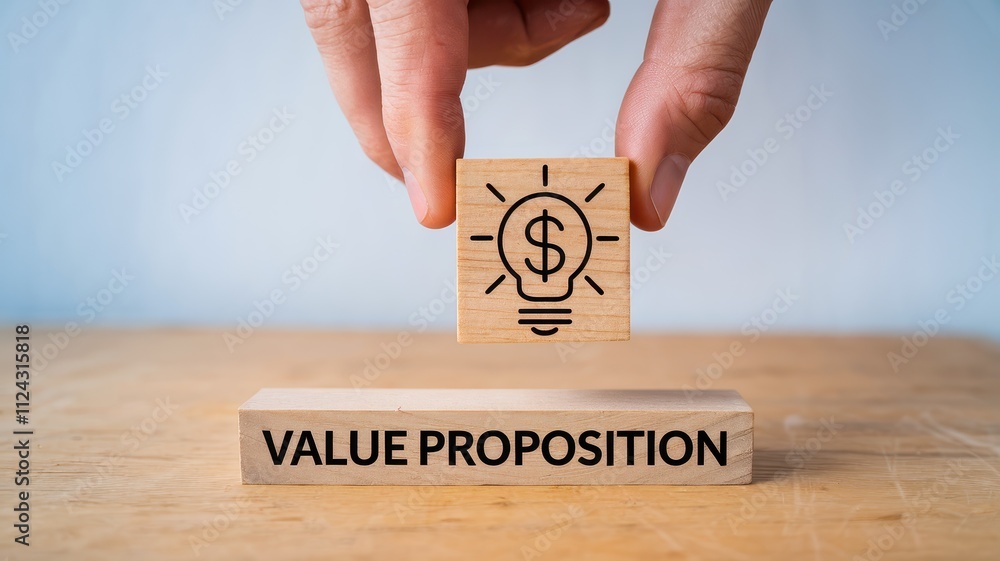 Poster conceptual image of wooden blocks arranged with a dollar symbol and a light bulb representing the va