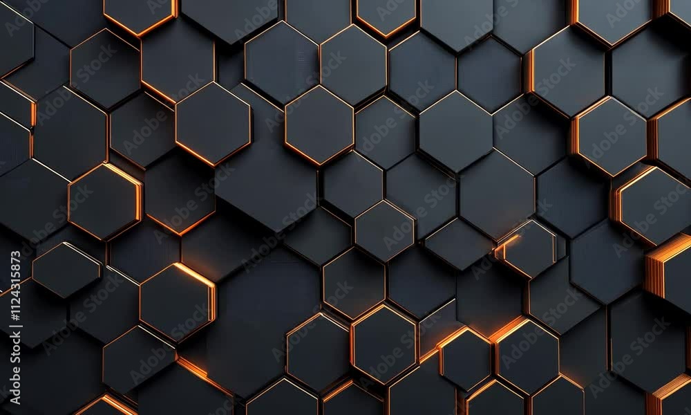 Aufkleber abstract 3d hexagon pattern with glowing orange edges.